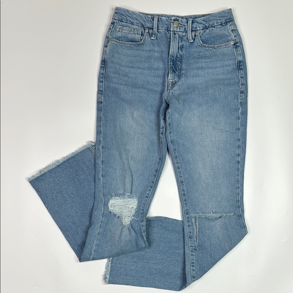 Good American Raw Hem Ripped Knees Indigo129 Jeans Size 6 NWT